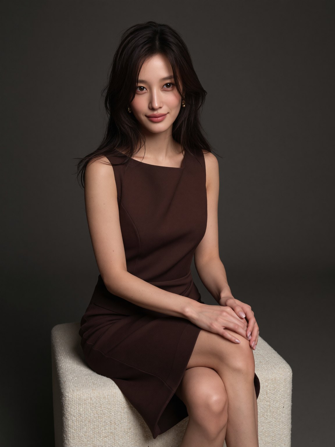 茶色のドレスで椅子に座る藤原れい